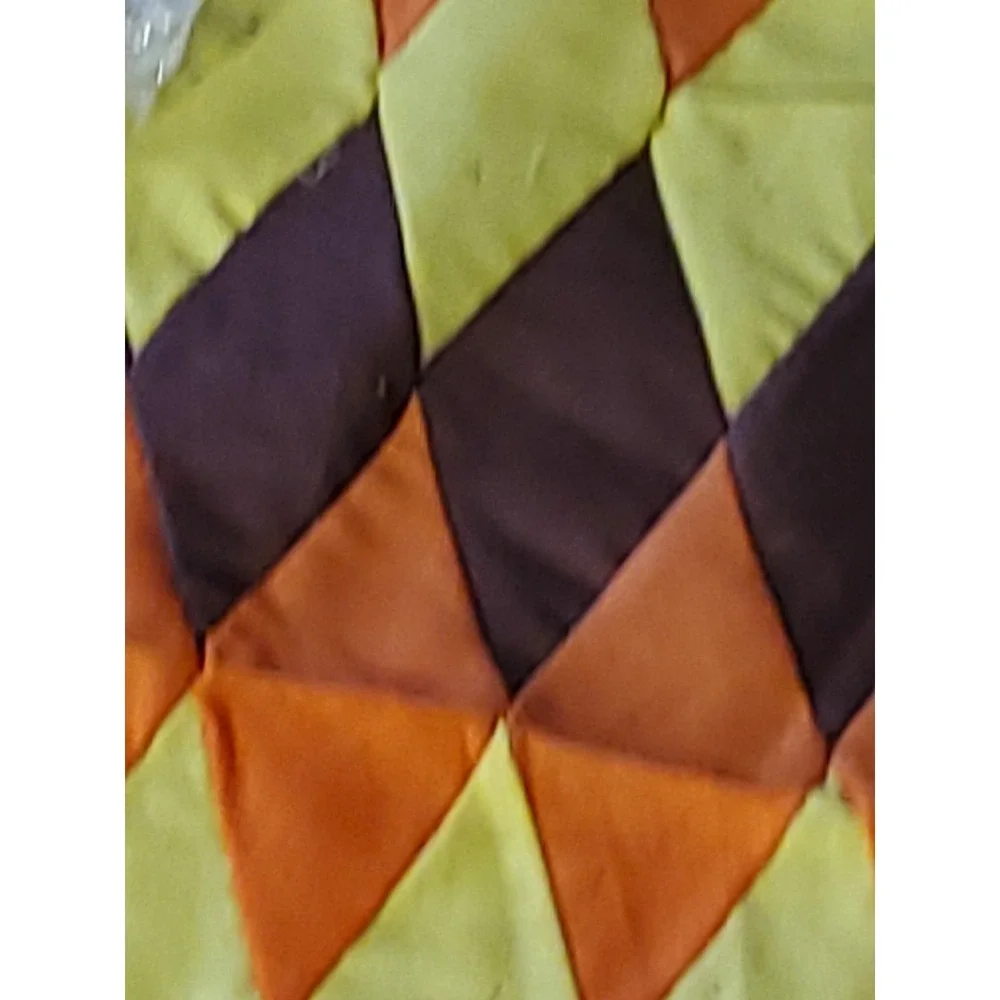 Vntg. Harlequin Diamond Patchwork Quilt Blocks Hand Stitched Orange Brown Yellow
